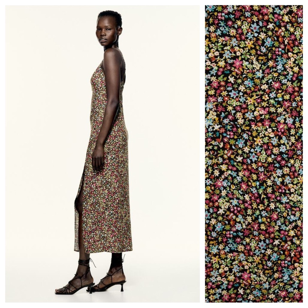 NWT. Zara Small Flowers Print Midi Dress with a V-neckline. Size S. - Picture 3 of 12